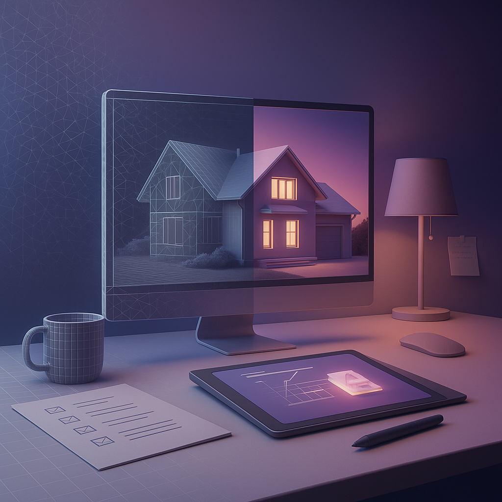 Rendering. Schreibtisch mit einem Computerbildschirm, der ein halbes Drahtmodell und ein halb fertiges, leuchtendes Haus zeigt, daneben eine Tasse, ein Klemmbrett mit check-listenähnlichem Dokument, ein digitales Zeichentablett mit einem 3D-Haus-Modell, eine Lampe und eine Maus in gedämpftem blaulila Licht.