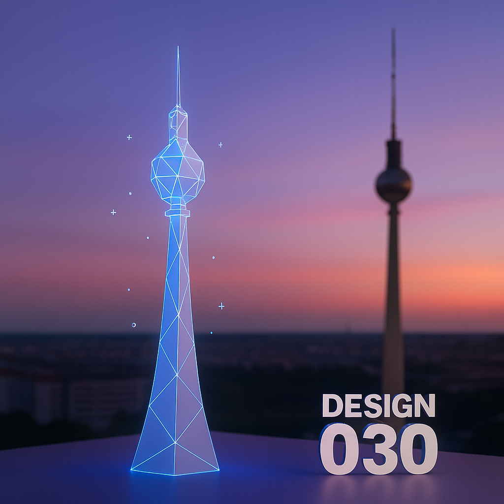 Digitale blaue Linienzeichnung eines Turms mit einer Kugel in der oberen Mitte, links davon im Hintergrund ein echter Turm bei Sonnenuntergang, rechts unten die weiße Beschriftung DESIGN 030