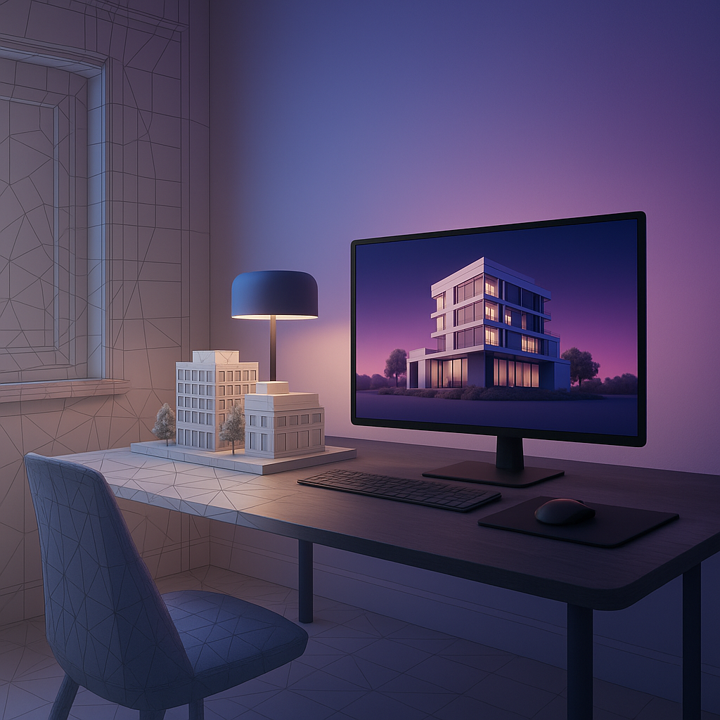 Moderner Arbeitsplatz mit einem Monitor, auf dem ein beleuchtetes modernes Gebäude abgebildet ist, umgeben von einem Modell mehrerer Gebäude und einer Schreibtischlampe in einem abgedunkelten Raum mit violettem Licht.