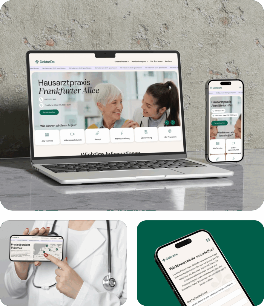Laptop und Smartphone mit der Webseite von Doktor.De, die eine Hausarztpraxis an der Frankfurter Allee zeigt, eine Medizinerin zeigt auf einem Smartphone-Bildschirm die Praxisübersicht an, nahaufnahmen eines Smartphones mit einem Kontaktformular auf der Webseite für Patienten und Ärzte.