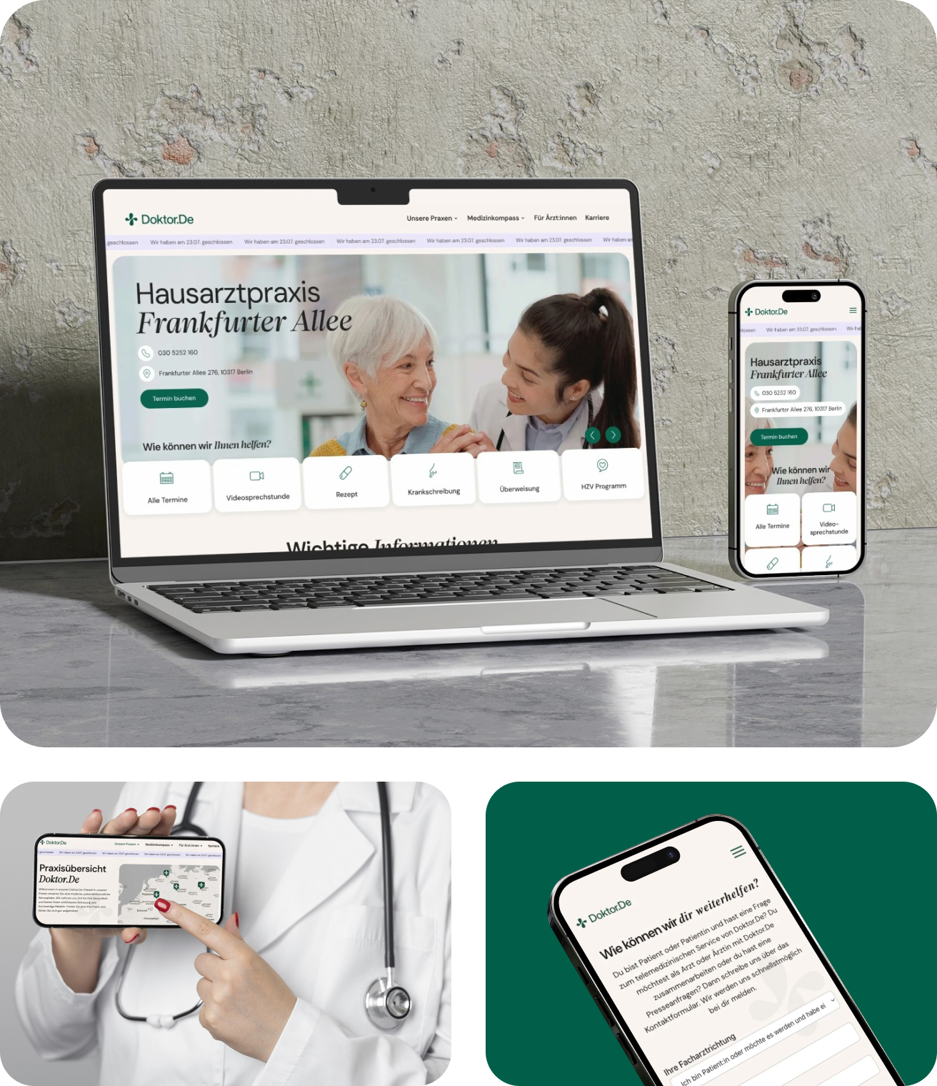 Laptop und Smartphone mit der Webseite von Doktor.De, die eine Hausarztpraxis an der Frankfurter Allee zeigt, eine Medizinerin zeigt auf einem Smartphone-Bildschirm die Praxisübersicht an, nahaufnahmen eines Smartphones mit einem Kontaktformular auf der Webseite für Patienten und Ärzte.