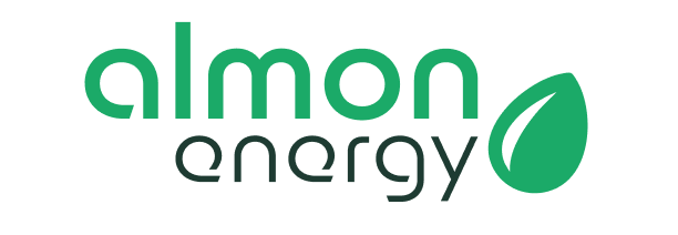 Logo eines Kunden: Logo mit grünem Schriftzug "almon energy" und grünem Blatt-Symbol rechts davon