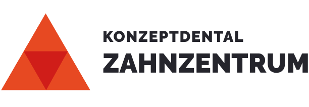Logo eines Kunden: Rotes, dreieckiges Logo mit dem Text KonzeptDental Zahnzentrum in kräftiger schwarzer Schrift rechts daneben.