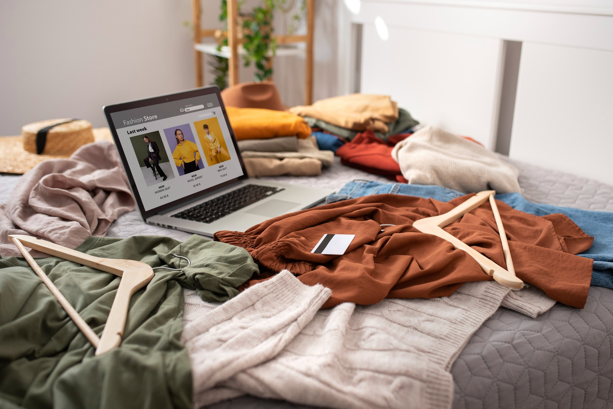 Shopify Agentur in Berlin & Laptop mit Online-Modegeschäft auf einem Bett, umgeben von verschiedenen Kleidungsstücken und Kleiderbügeln.
