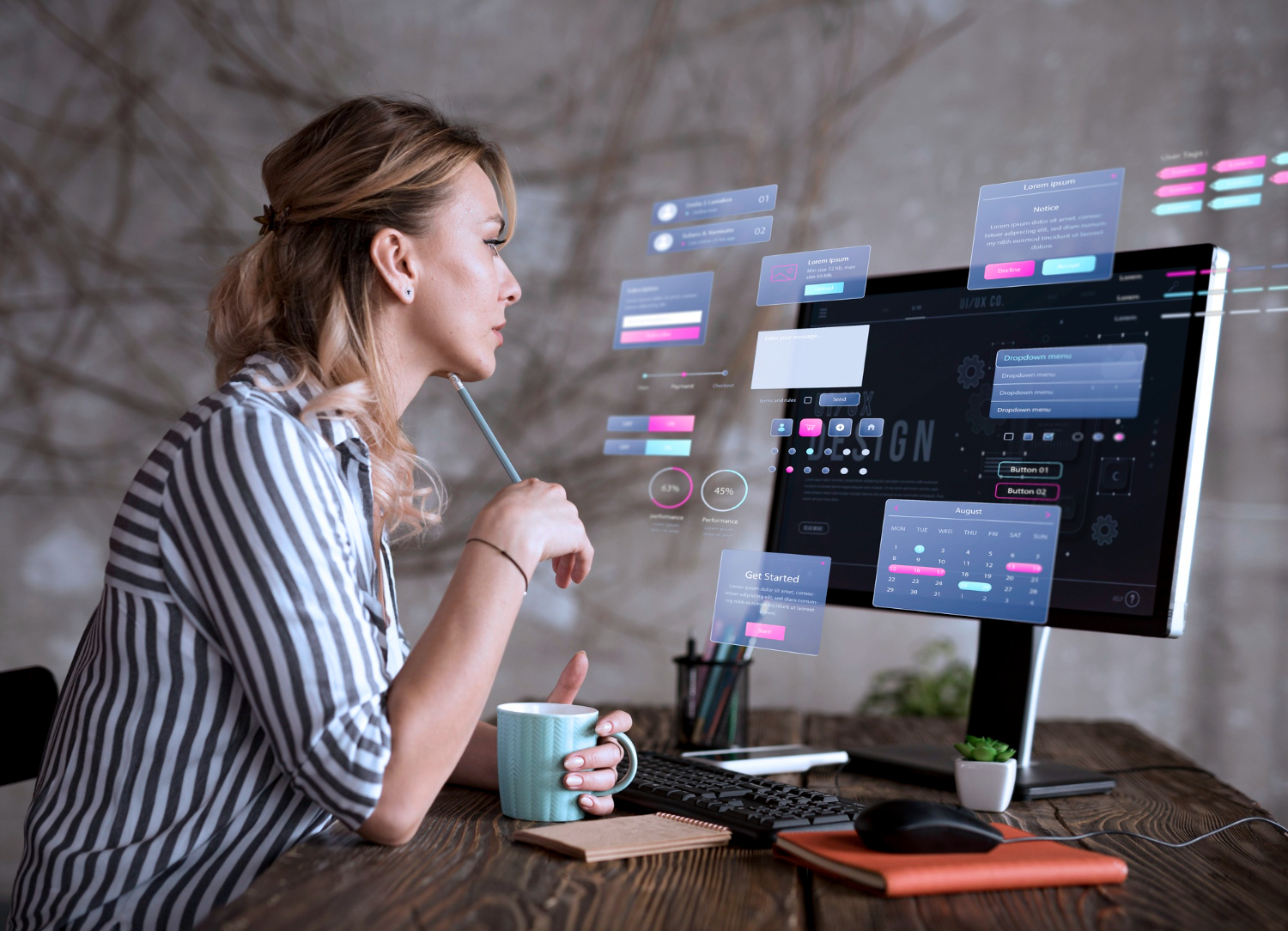 Frau blickt nachdenklich auf einen Computermonitor mit eingeblendeten, futuristischen Benutzeroberflächen und hält eine Tasse Kaffee. Webflow Agentur Berlin