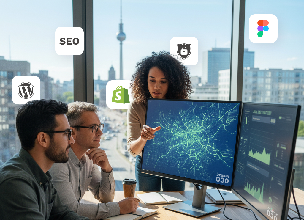 Design Agentur Berlin Mitarbeiter - Mitarbeiter am arbeiten am Rechner. Darüber Symbole für SEO, Wordpress und Shopify