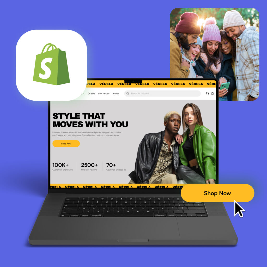 Laptop mit geöffneter Mode-Webseite, zwei Models in Lederjacken, Shop-Button hervorgehoben, darüber Shopify-Logo und Bild von fünf jungen Menschen mit Winterkleidung, die gemeinsam auf ein Smartphone schauen