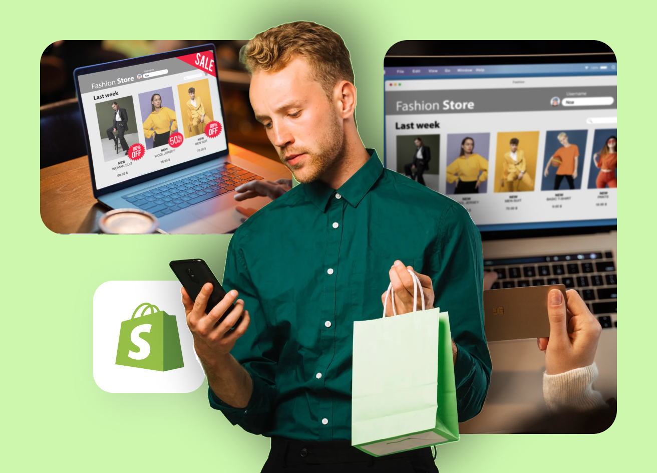 Shopify Agentur Berlin: Mann hält Smartphone und Einkaufstüte vor kollagiertem Online-Shop mit Modeangeboten und Kreditkartenzahlung, Shopify-Logo sichtbar.