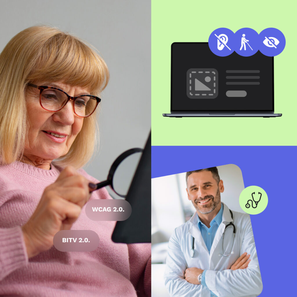 Ältere Frau mit Lupe vor Tablet, Symbole für Barrierefreiheit auf Laptop und lächelnder Arzt mit Stethoskop auf blauem Hintergrund.