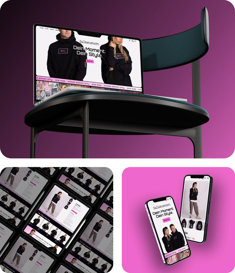 Unser Kunde: Falkenstern - Laptop auf einem Stuhl mit geöffneter Website für limitierte Mode, darunter viele Smartphone-Bildschirme mit Modeartikeln auf pinkem Hintergrund. Zeigt das Design des Falkenstern Online-Shops